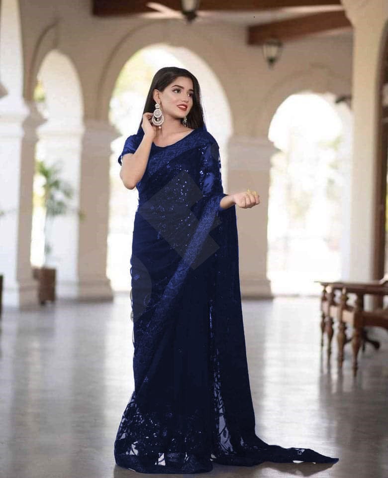 Elegant Dark Purple Party Wear Saree with Blouse Piece