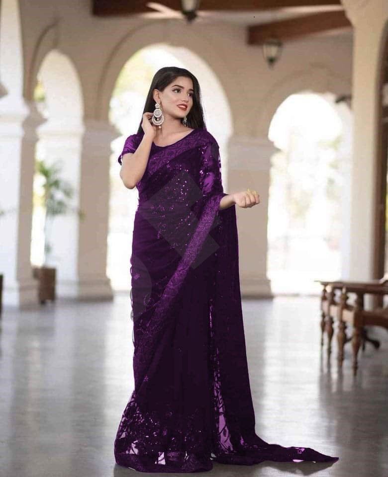 Elegant Dark Purple Party Wear Saree with Blouse Piece